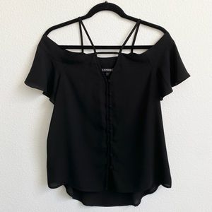 Express Women’s Black Cold Shoulder Button-Front Short Sleeve Top